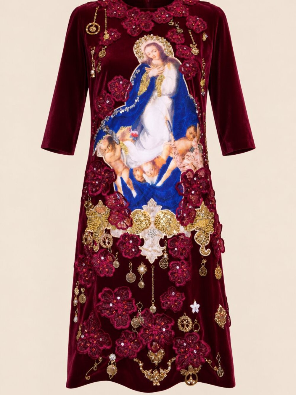 Luxury Designer Runway Embroidery Velvet Beaded Baroque Burgundy Red Gold Dress